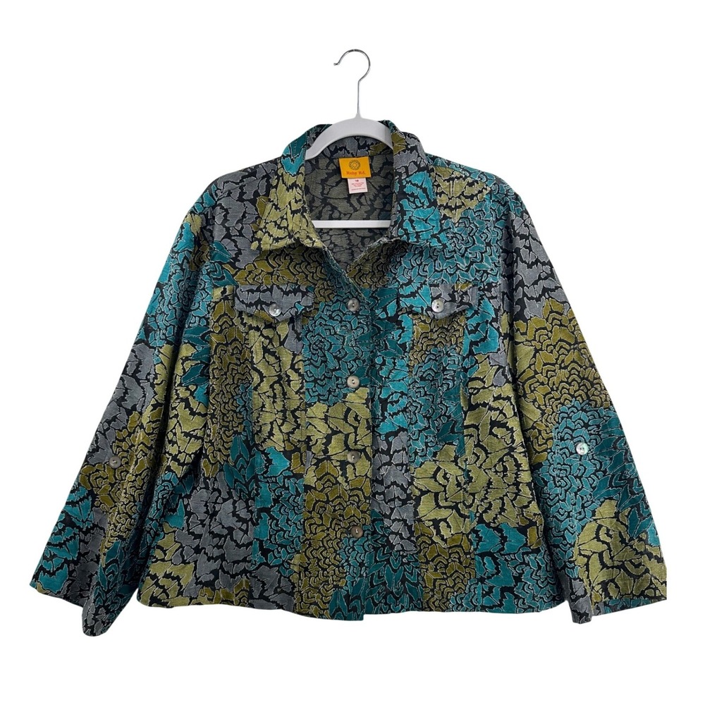 Ruby Rd. Women's Size 18 Floral Print Button Front Jacket Teal Olive Gray